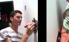 Slim gay proving cock blowing skills on gloryhole