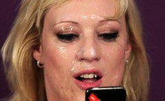Peculiar bombshell gets jizz shot on her face eating all the