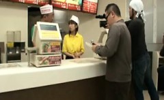 Fast food worker comes out behind the counter to suck and f