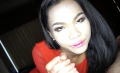 Fully clothed ladyboy teen pov handjob of a white cock