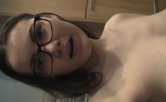 Nerdy girl rubs her nipples and her pussy