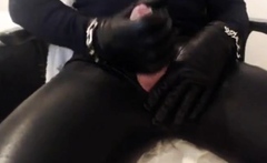 Skintight leather pants and gloves masturbation