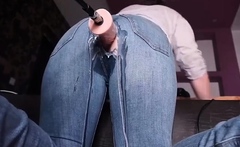 Machine Dick through her Jeans makes Mom Cream so Hard